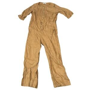 Lanhtropy Tan Linen Button Front Jumpsuit Womens Large Lagenlook Minimalist